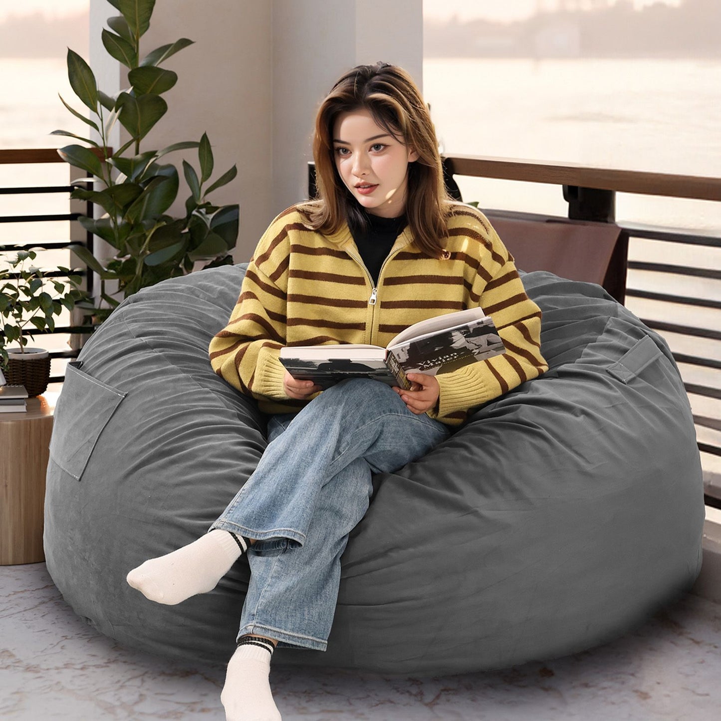 JHK Oversized 3/4FT Bean Bag Chair for Gaming Reading Lazy Sofa Foam Filled Couch with Removable Cover Living Room Furniture