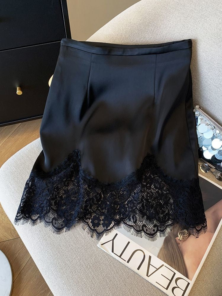Ladies Fashion Lace Patchwork Satin A-line Skirt Summer High Waist Solid Color Temperament Skirt Women Clothes Simplicity Skirt