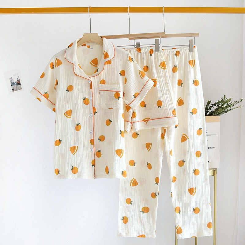 New summer women's cotton crepe three-piece short sleeve + shorts + trousers large size simple flower pajamas home service suit