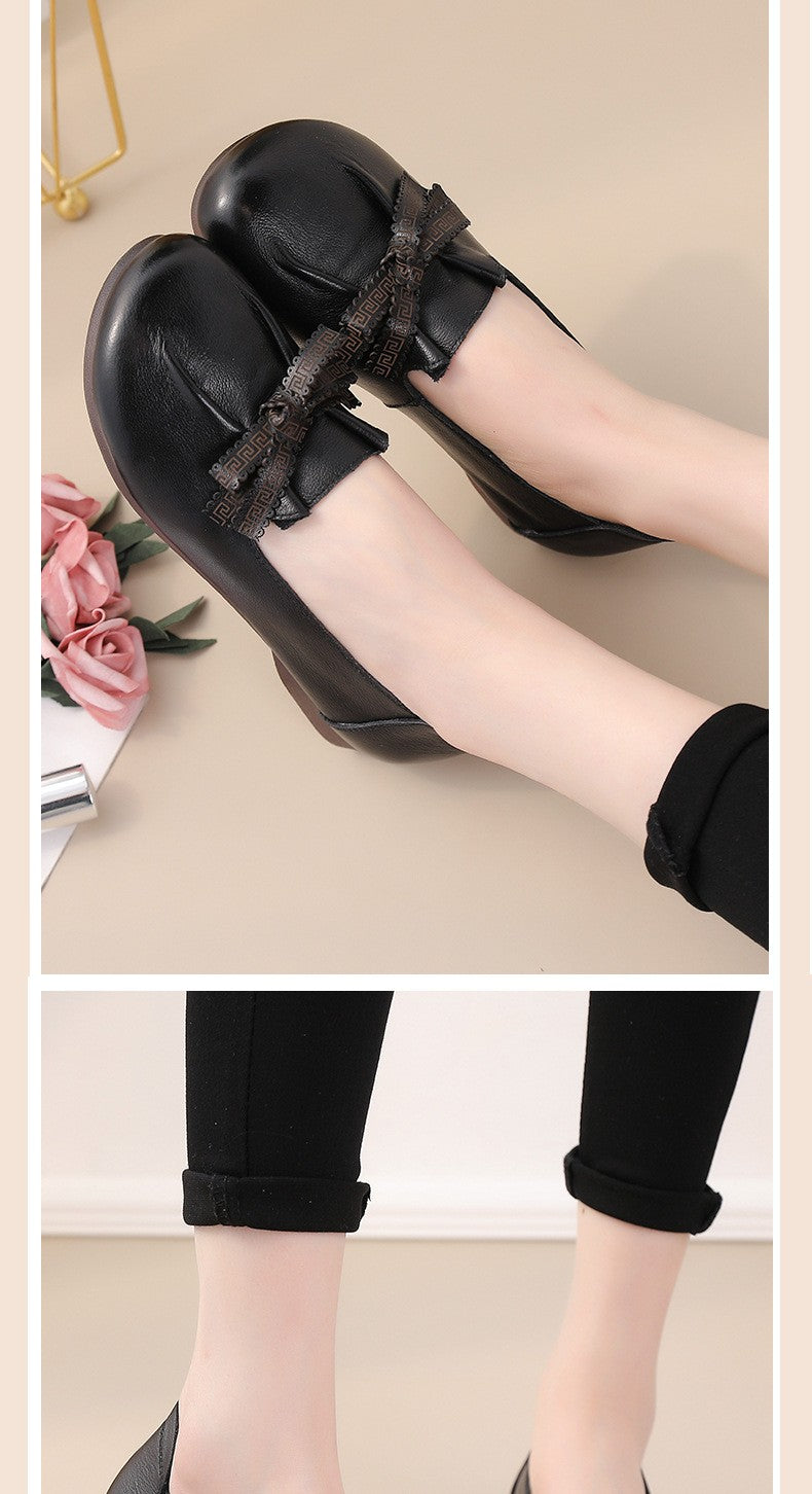 Vintage Plain Oxfords Shoes Women's Genuine Leather Flats Ladies Laced Up Moccasins Elderly Woman Square Toe Driving Loaferss