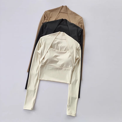 Women's Elegant Long Sleeve Yoga Shawl Sports Top with Chest Cushion Short Elegant Yoga Top Small Camback Pura Speed Dry Autumn