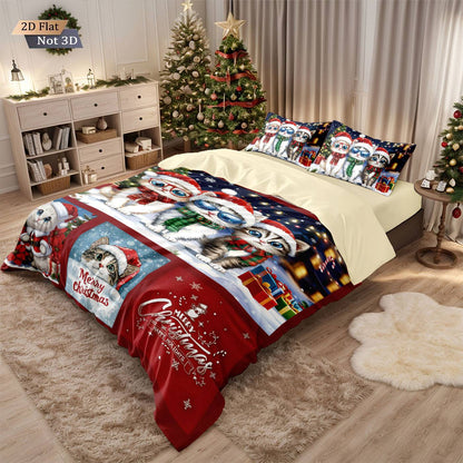 3pcs Merry Christmas Cat Printed Chipless Bedding Set Soft Dormitory Bedroom Multiple Sizes Machine Washable