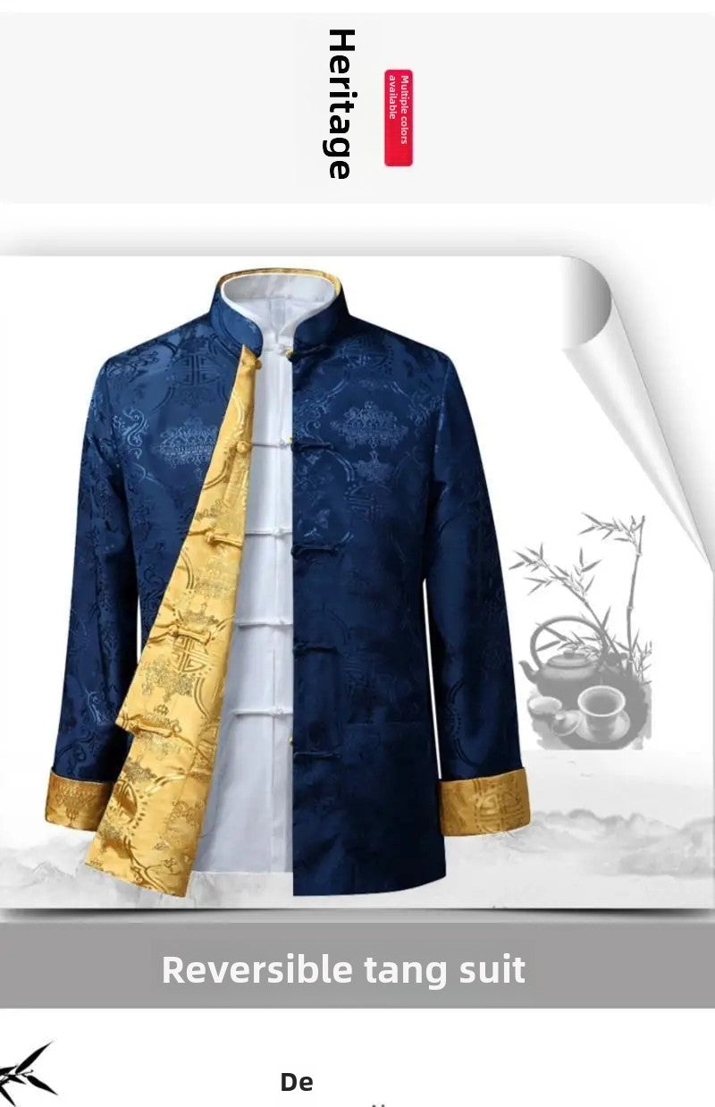 Spring Autumn Double-Sided Wearable Vintage Blazer Jacket Men's Casual Chinese Style Middle-Aged And Elderly Fashion Outerwear