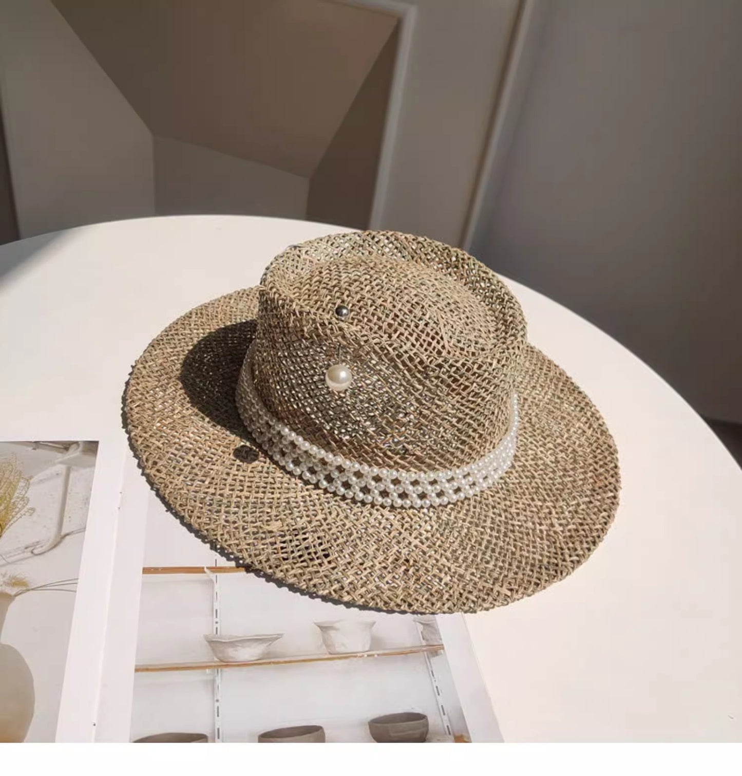 Chapéu de palha de verão alfinete de pérola chapéu de palha feminino de aba plana oco com ranhuras de verão para praia e sol sombreiro ????