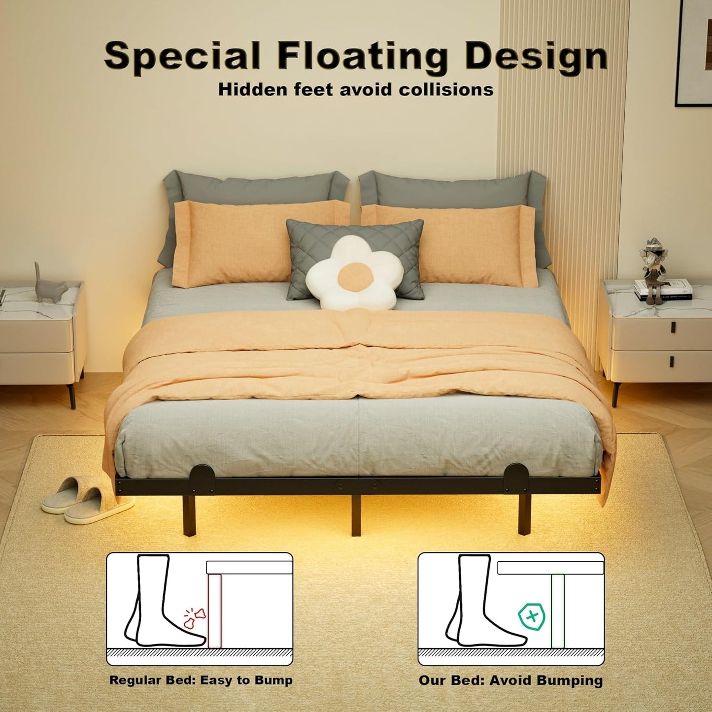 Cama Queen Size com Luzes LED Inteligentes e Estação de Carregamento - Cama LED Moderna com Luzes, Camas Flutuantes, Fácil