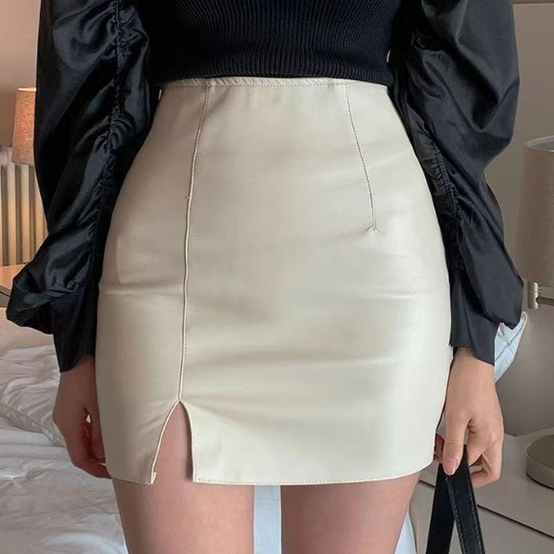 Xpqbb Balck PU Leather Mini Skirt Women Sexy Skinny High Waist Side Split Hip Skirts Autumn New Korean Office Lady Short Skirt