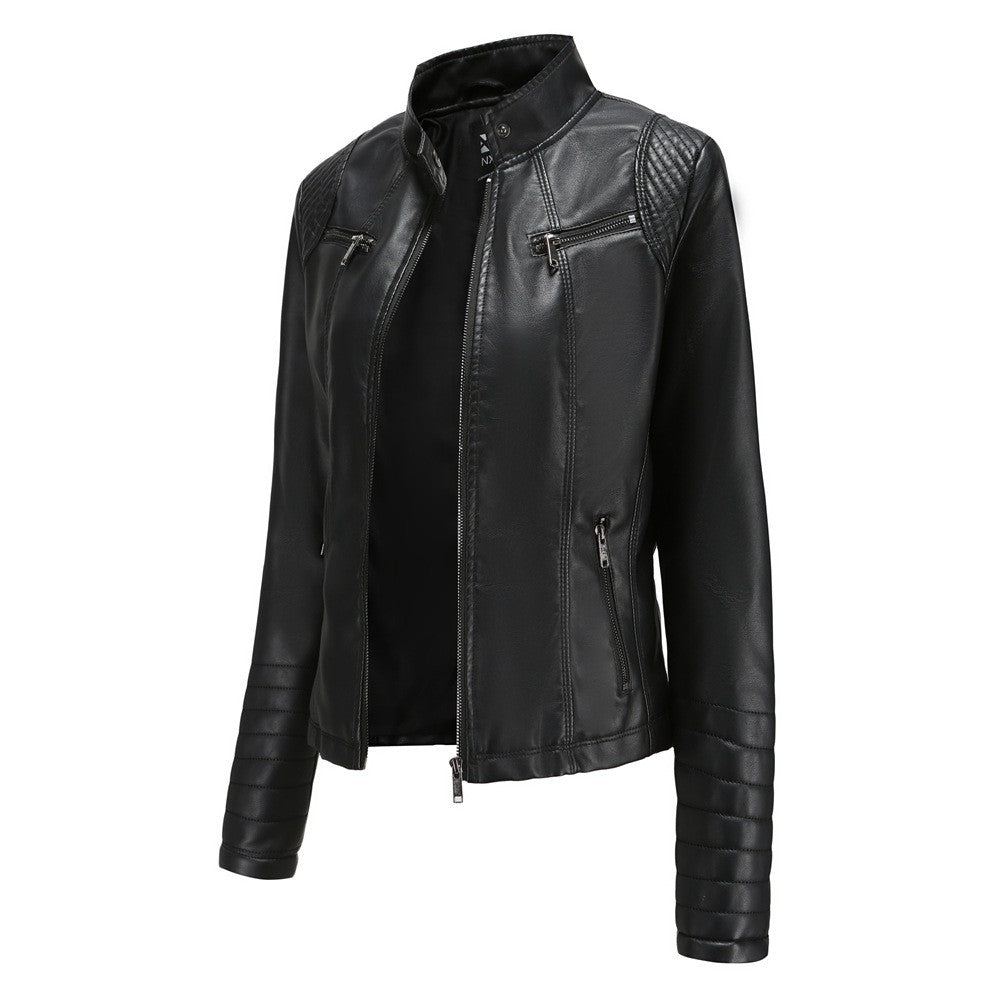 Women's Slim Leather Jacket, Stand-up Collar, Zipper Stitching, Monochromatic Coat, Fashion Clothing, New
