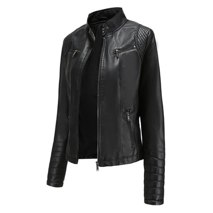 Women's Slim Leather Jacket, Stand-up Collar, Zipper Stitching, Monochromatic Coat, Fashion Clothing, New