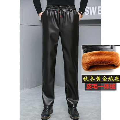 Men's Loose High-Waisted Fce-Lined Thiened Motorcycle Leather Pants Windproof Waterproof Busin Casual Long Trousers