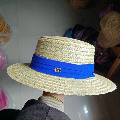 Chapéu de palha de verão alfinete de pérola chapéu de palha feminino de aba plana oco com ranhuras de verão para praia e sol sombreiro ????