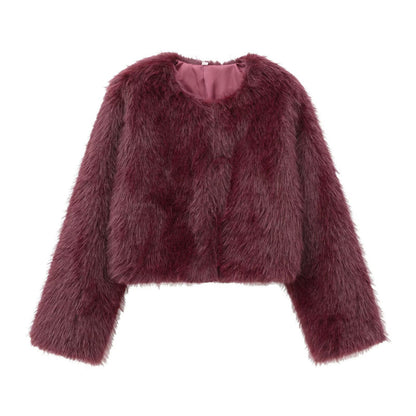 Faux fur jacket Traf   Fall/Winter New Fashion Women's Faux Fur Effect Round Neck Long Sleeve Short Jacket 2025