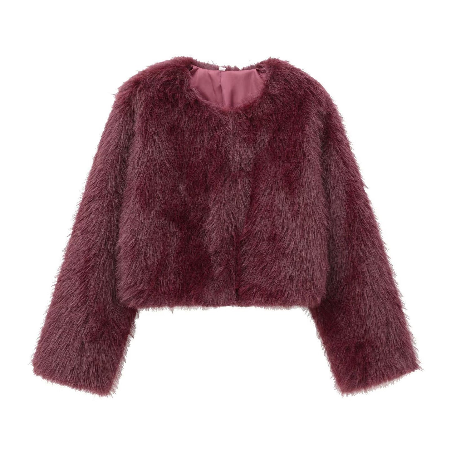 Faux fur jacket Traf   Fall/Winter New Fashion Women's Faux Fur Effect Round Neck Long Sleeve Short Jacket 2025