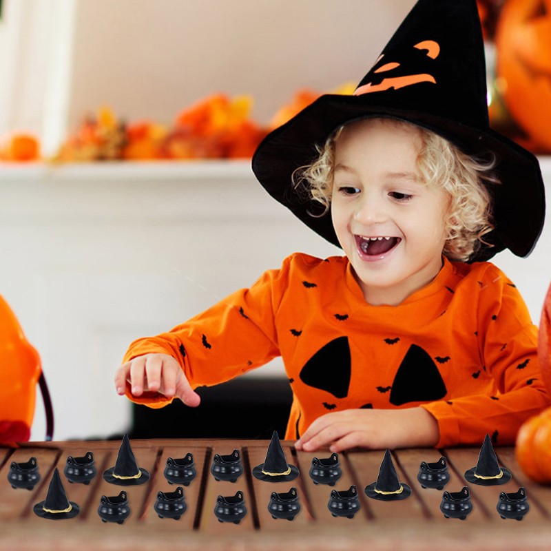 10pcs Halloween Witch Hat Decorations Miniature Hats Cauldron Pots Kettle Ornament Halloween Party Home Decoration DIY Crafts