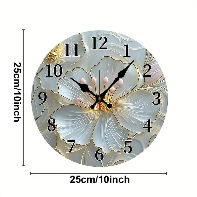 Golden & Pink Floral Wooden Round Silent Hanging Wall Clock, Suitable For Living Room,Office,Study Room, Bedroom,Home Decoration