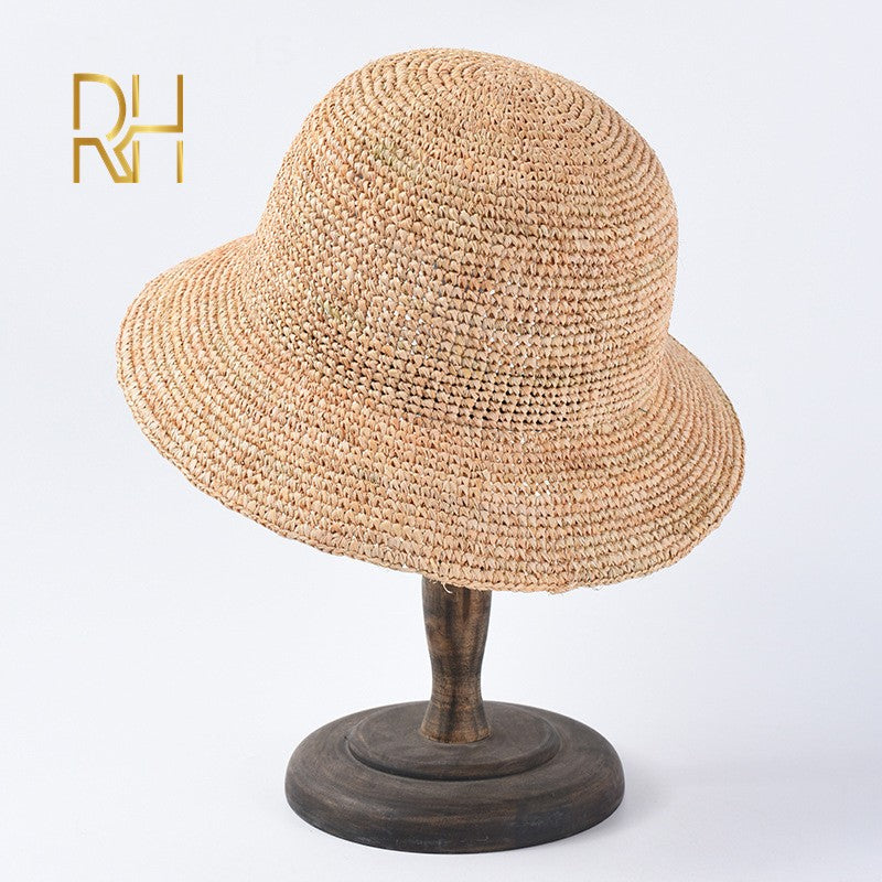 Chapéu de Balde de Crochê Feminino Feito à Mão de Palha de Ráfia Natural para Primavera Verão Praia Aba Larga Pescador