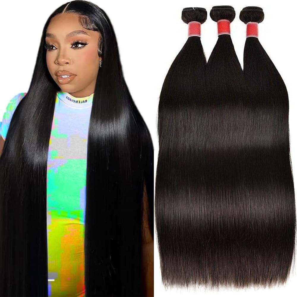 Cabelo Humano Liso de 12-32 Polegadas, 100% Não Processado, Tecer Brasileiro, 3 Pacotes, Extensões de Cabelo Preto Sedoso, Cabelo Cru, Rápido de Tecer