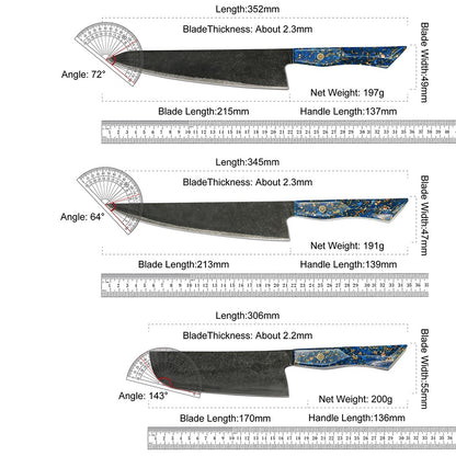 Conjunto de 3 facas de cozinha japonesas afiadas Damascus para Chef e Nakiri, lâmina de aço revestida de 3 camadas com cabo de resina e espaçador G10