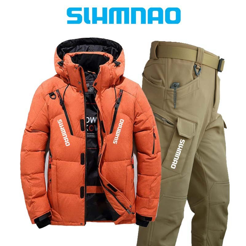 Conjunto de Pesca Quente e Resistente ao Vento e ao Frio de Inverno, Jaqueta Externa Quente, Jaqueta Grossa de Pluma de Ganso e Calças Táticas 2025