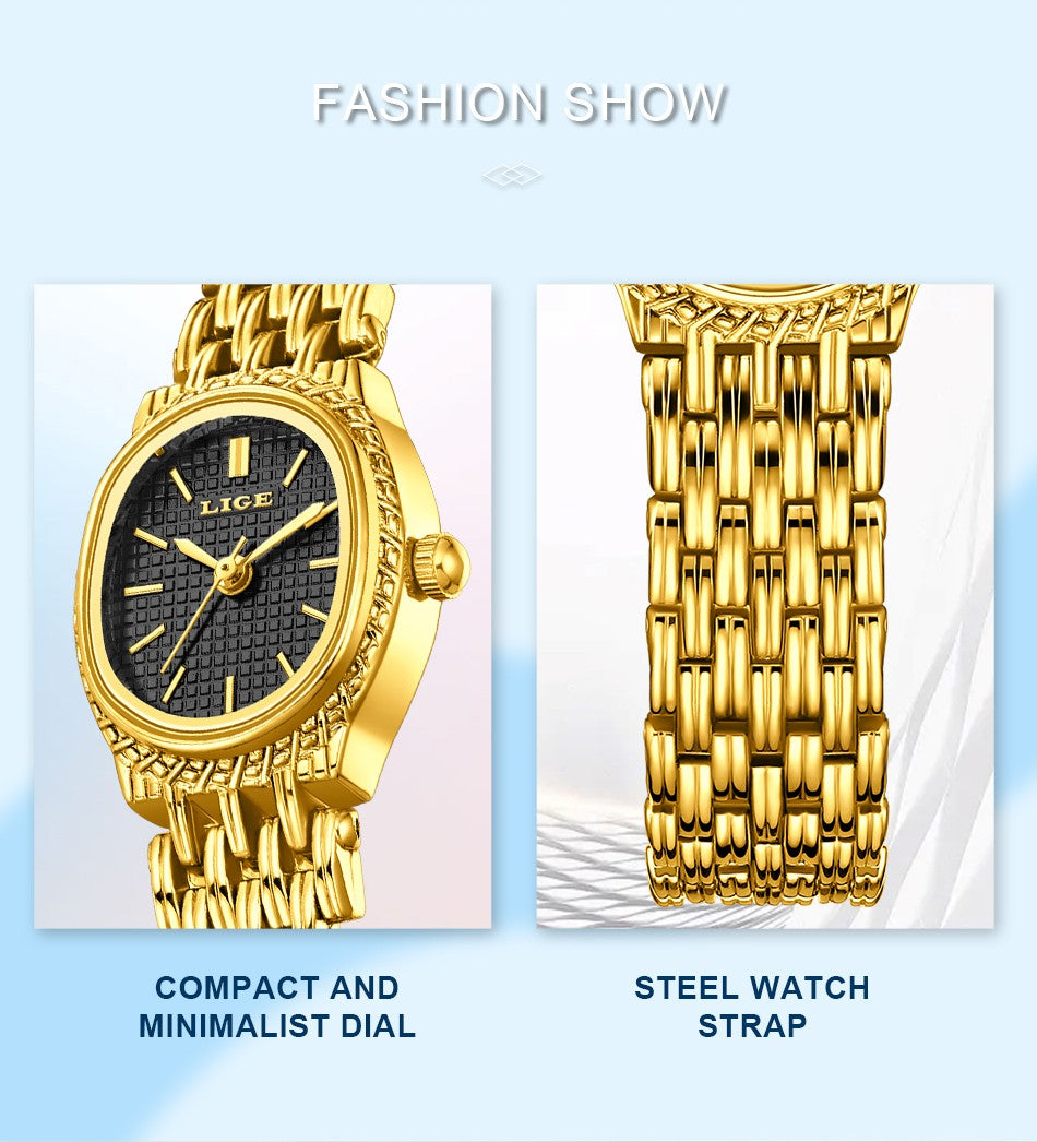LIGE Golden Women Wristwatch Small Dial Ladies Gold Watch Bracelet Jewelry Quartz Lady Watch Compact Stylish Luxury Women Watch