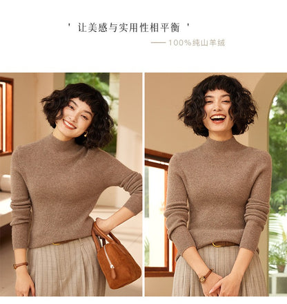 Autumn and winter new women's 100% pure cashmere semi high neck pullover sweater knitted slim fit hot selling women's top