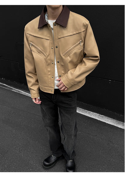 Mens Leather Jacket Biker Jacket PU Leather 2025 New Windproof Stand Collar Single Breasted Short Coat Slim Fit Mens Jacket