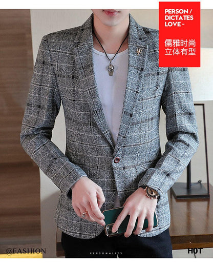 Men's casual plaid suit jacket, fashionable and versatile slim-fitting top, stylish plaid suit
