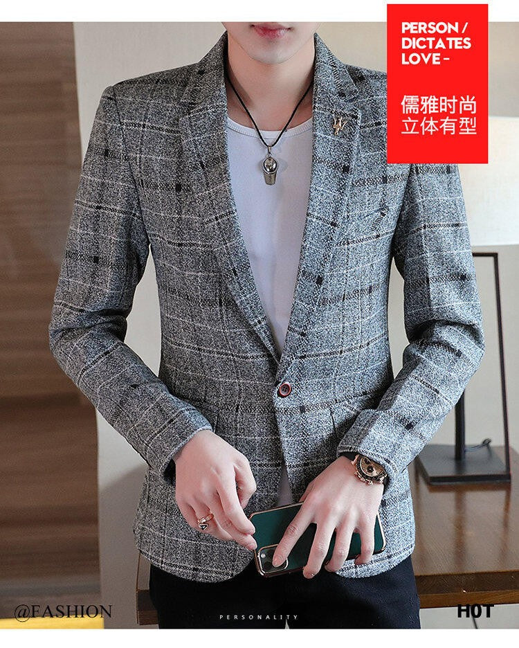 Men's casual plaid suit jacket, fashionable and versatile slim-fitting top, stylish plaid suit