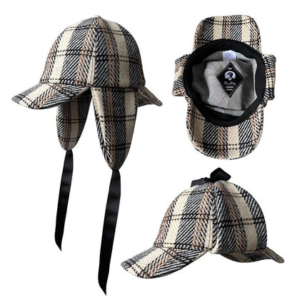 Unisex British-Style Sherlock Holmes Deerstalker Hat for Fall Winter Wool Blend Plaid Double Brim Ear-Warming, Trendy Detective