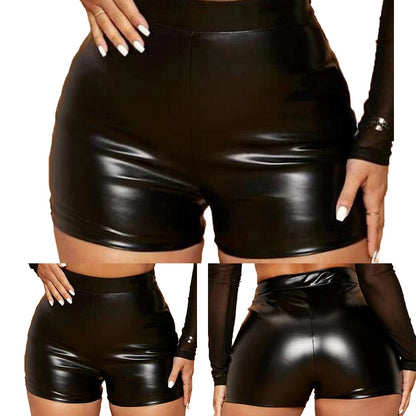 Sexy Women Oily Shiny Faux Leather Shorts Tight Black Pants Seductive Nightclub Party Wear High Waist Mini Shorts Costumes 2025