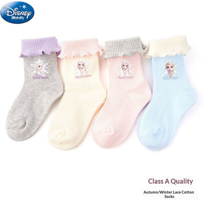 Disney Girls' Socks Autumn/Winter Lace Short Socks Elsa Princess A-Class Cartoon Children'S Cute Warm Cotton Socks
