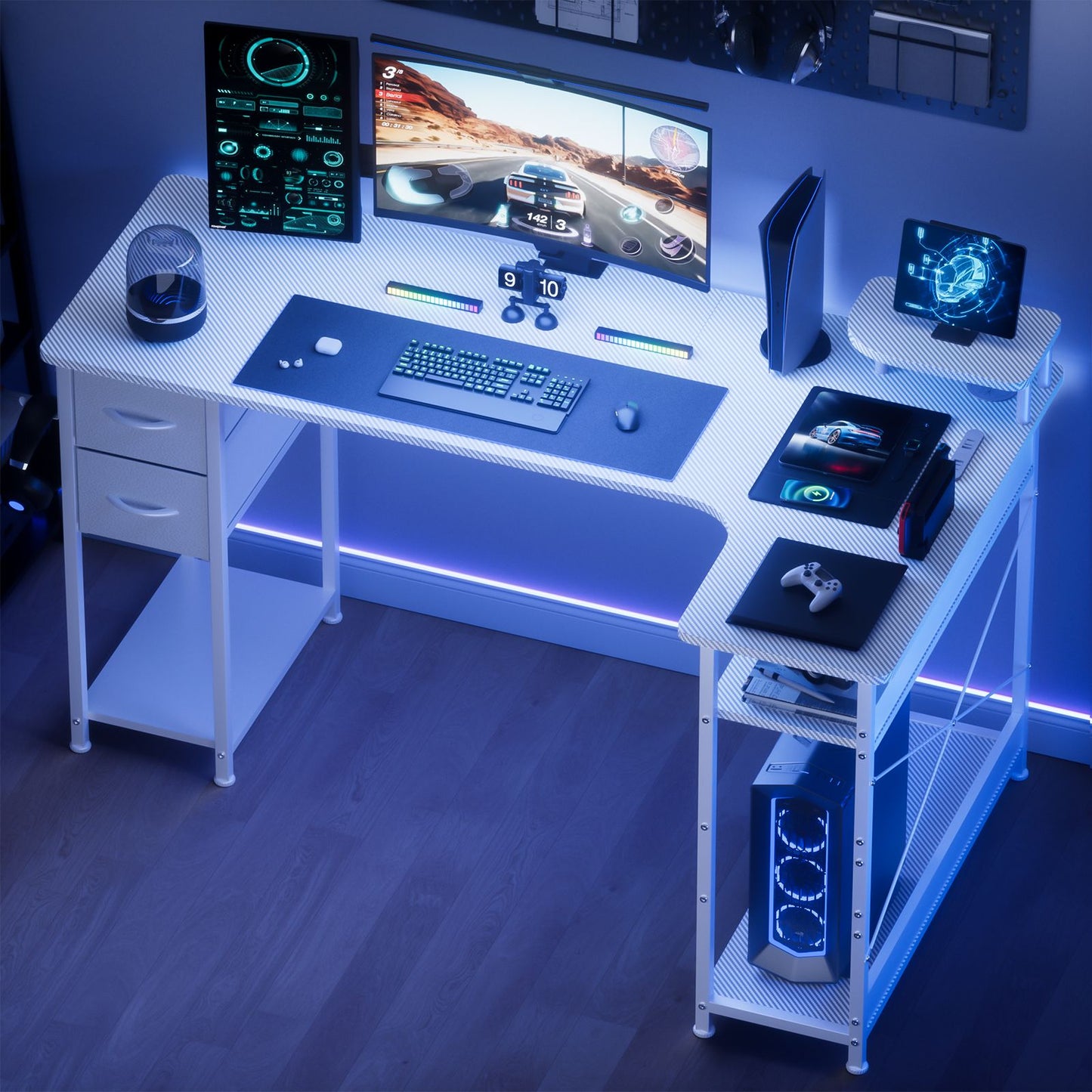 Mesa Gamer em L com Gavetas, Mesa de Computador em Fibra de Carbono com Suporte para Monitor, Mesa Gamer para Escritório Doméstico
