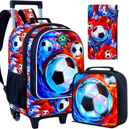 Mochila de rodinhas 3 peças para meninos, mochila com rodinhas para crianças, mochila escolar com rodinhas e lancheira - futebol