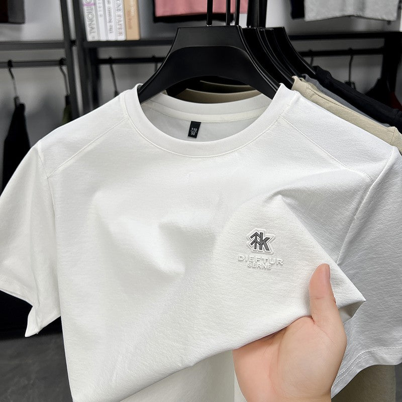 2025 New Men's Korean Style Fashion Badge Short Sleeved Sleeve Round Neck T-shirt Casual and Comfortable Summer Versatile Top
