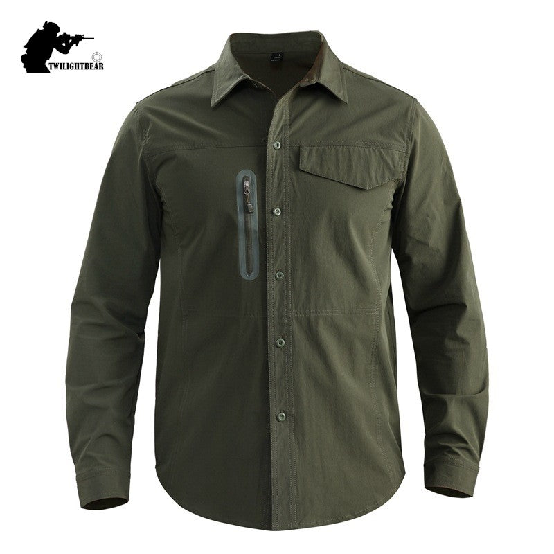 Stretch Men's Shirt Multiple Pockets Quick Drying Shirts High Quality Male Elastic Tooling Shirt Men Clothing Casual Shirts AF54