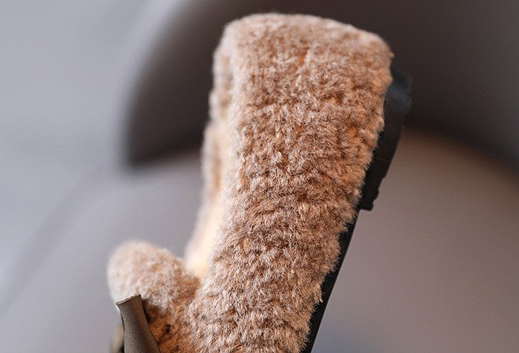 Girls Winter Shoes Cotton-padded Warm Cotton Fur Fluffy Children Flats Kids Loafers Slip-on Princess Sweet Anti-slippery Bowtie