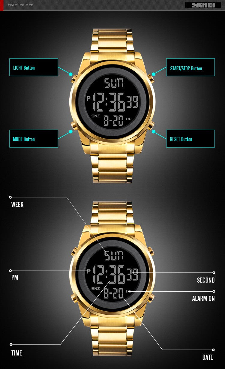 SKMEI Luxury Waterproof Watch for Men Stainless Steel Electronic Sports Digital Mens Wristwatches Man Clock Reloj Masculino 1611