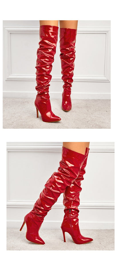 Eilyken Red Women Over The Knee Boots High Heels Patent Leather Solid Pointed Toe Stiletto Side Zipper Sapatos Femininos