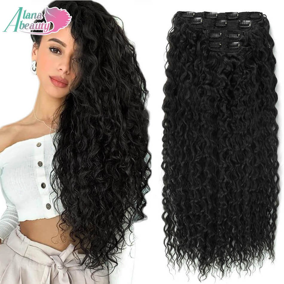 Alana 28 polegadas Sintético Longo Água Encaracolado Clip Em Apliques Extensões de Cabelo Crespo Cacheado Clip-in Cabelo Fibra Orgânica Resistente ao Calor