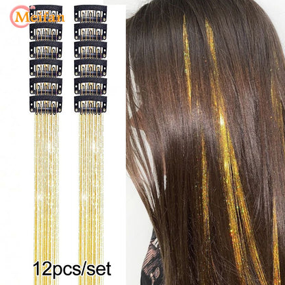 12 Peças/conjunto de Extensões de Cabelo Colorido com Glitter, Presilha de Cabelo Sintética Brilhante e Cintilante, Acessórios de Cabelo para Festas