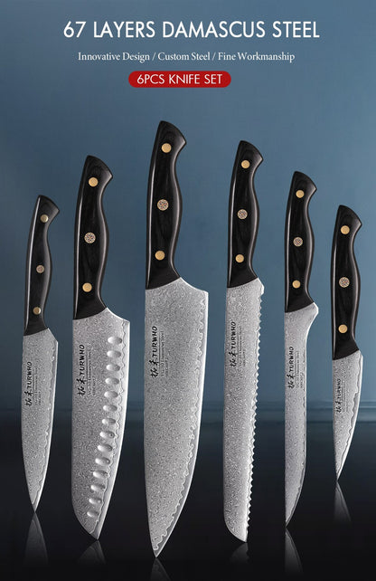 TURWHO 1-6PCS Kitchen Knives Set Japanese 67 Layer Damascus Steel Chef Knife PRO VG10 Santoku Bread Boning Utility Paring Knives