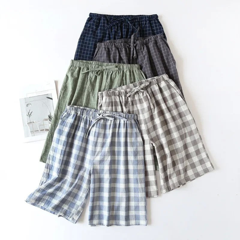 Plaid Design Sleepwear Men Pajama Shorts for Summer Thin Cotton Loose Double-layer Homewear Lounge Wear Checkered Pj Pants