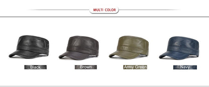 VOBOOM Winter Leather Cadet Army Cap Cabbies Adjustable Soft Flat Top Military Style Hat for Men