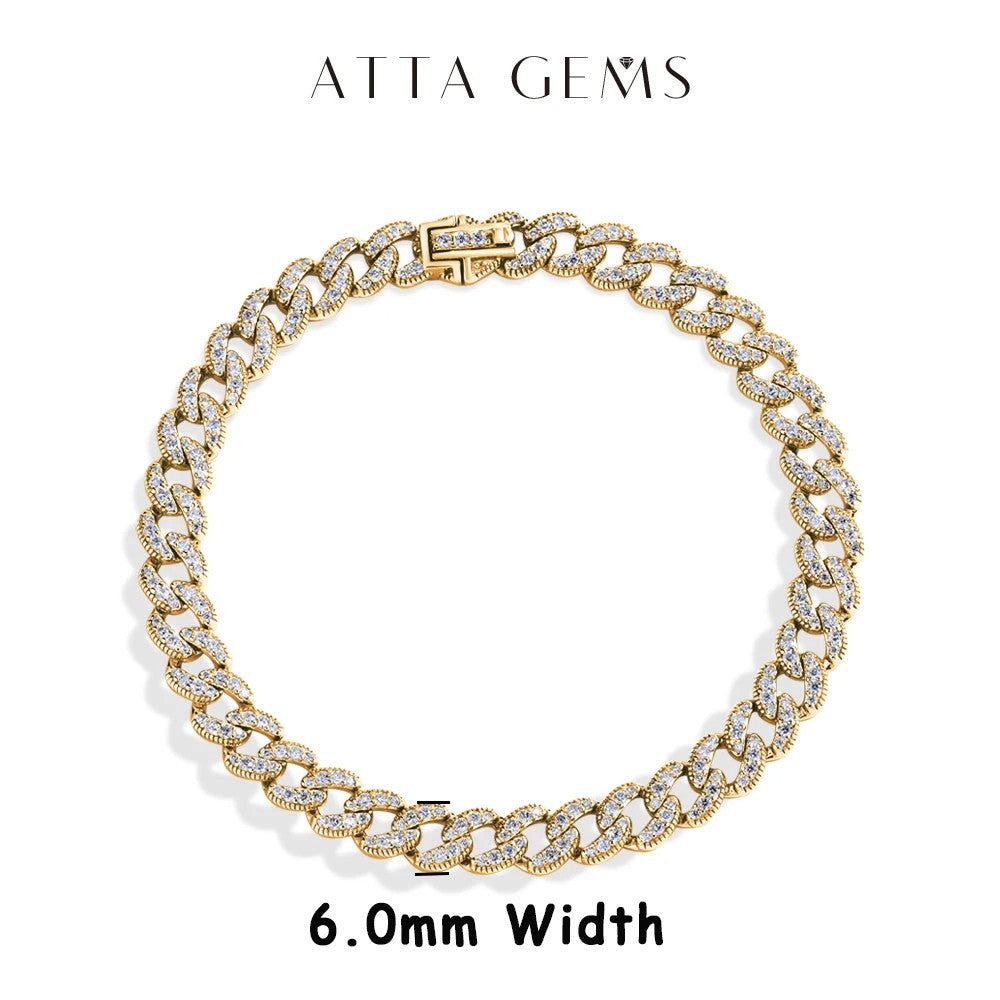 Corrente Cubana Completa de Moissanita ATTAGEMS DVVS1 para Homens e Mulheres, Prata Esterlina 925 Banhada a Ouro 18k, Pulseira de Tênis Hip Hop, Joia Fina