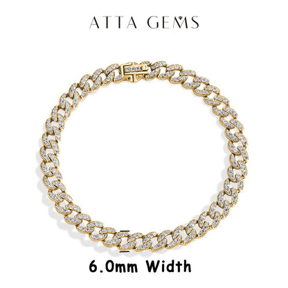 Corrente Cubana Completa de Moissanita ATTAGEMS DVVS1 para Homens e Mulheres, Prata Esterlina 925 Banhada a Ouro 18k, Pulseira de Tênis Hip Hop, Joia Fina