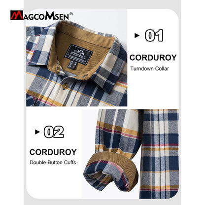 MAGCOMSEN Flannel Shirts Men's Long Sleeves Cotton Long Sleeve Plaid Shirt with 2 Pockets Button Down Casual Corduroy Shirt Male