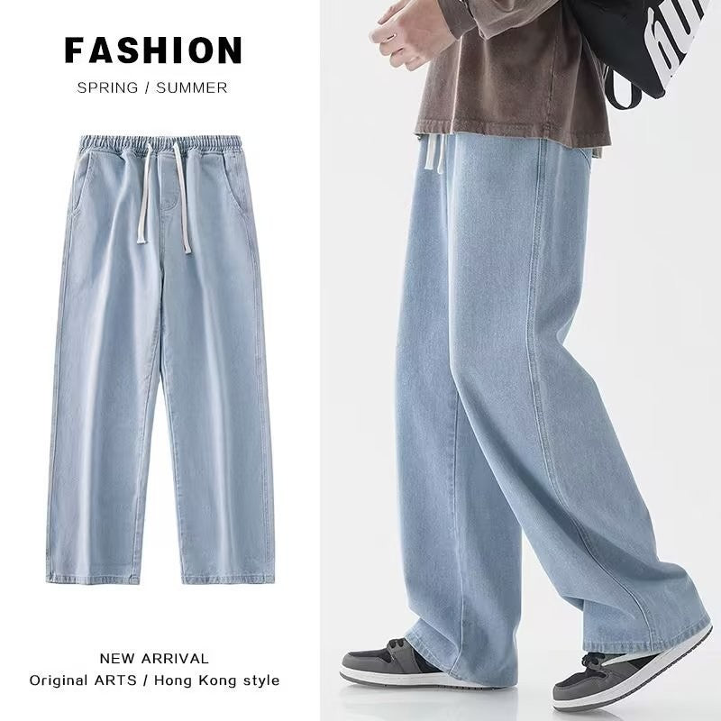 2025 Calça Jeans Masculina Larga Estilo Coreano Streetwear Solta Reta Perna Larga Moda Masculina Roupa de Marca Preta Azul Clara