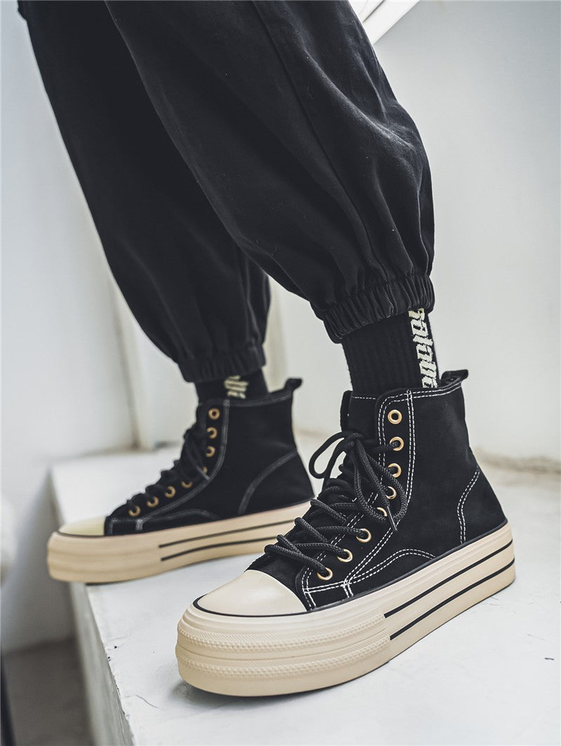 Novos Sapatos Masculinos de Cano Alto com Sola Plana, Botas de Trabalho Casuais para Exteriores com Sola Grossa, Sapatos Masculinos para Caminhada, Tênis de Lona de Cano Alto para Casais