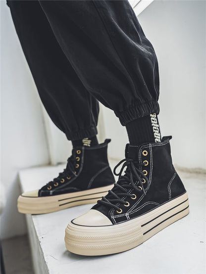 Novos Sapatos Masculinos de Cano Alto com Sola Plana, Botas de Trabalho Casuais para Exteriores com Sola Grossa, Sapatos Masculinos para Caminhada, Tênis de Lona de Cano Alto para Casais