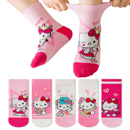 5 pares de meias de algodão de cano médio Kawaii Sanrio Cinnamoroll Kuromi para meninas e meninos, meias de algodão de cano médio de desenho animado para primavera e outono