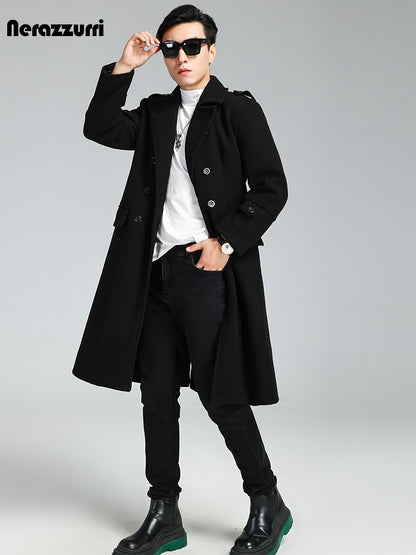 Nerazzurri Autumn Winter Long Elegant Luxury Chic Navy Blue Warm Woolen Coat for Men Double Breasted Wool & blends Overcoat 2023